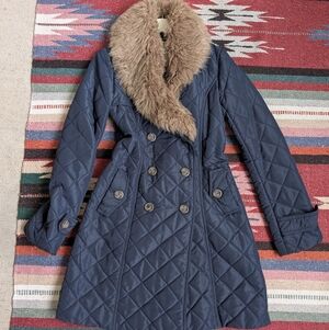 Vintage BB Dakota Navy Faux Fur Collar Double Breasted Trench Coat